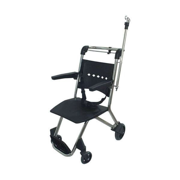 Carucior cu rotile pentru transport pacienti, pliabil, din otel inoxidabil, cu carlig pentru sac de urina, cotiere mobile, 150 kg
