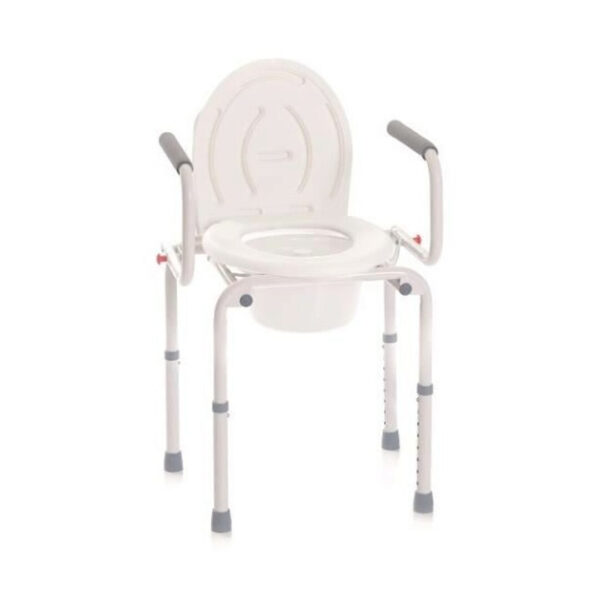 Scaun de toaleta pentru batrani, cotiere pliabile, 4 functii, material otel, galeata, spatar, reglare inaltime, sarcina maxima 130 kg