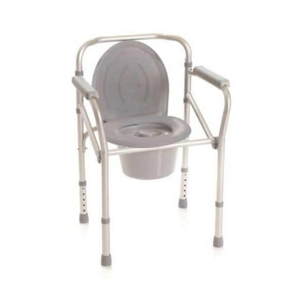 Scaun de toaleta pliabil, aluminiu anodizat, colac polietilena, galeata, cotiere plastic, 4 functii, dimensiuni 50x43x64-74 cm, reglare inaltime 46-56 cm, sarcina maxima 130 kg