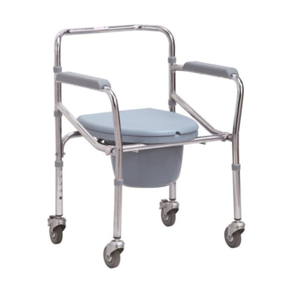 Scaun medical baie, ajustabil, pliabil, otel cromat si PVC, cu roti frana, latime 44 cm, greutate maxima 100 kg