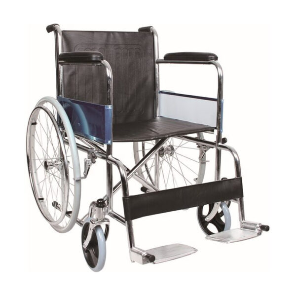 Scaun rulant pliabil, din otel, cu 2 roti PVC si 2 roti din cauciuc, cotiere fixe, suport fix pentru picioare, 100 kg, KY809-46